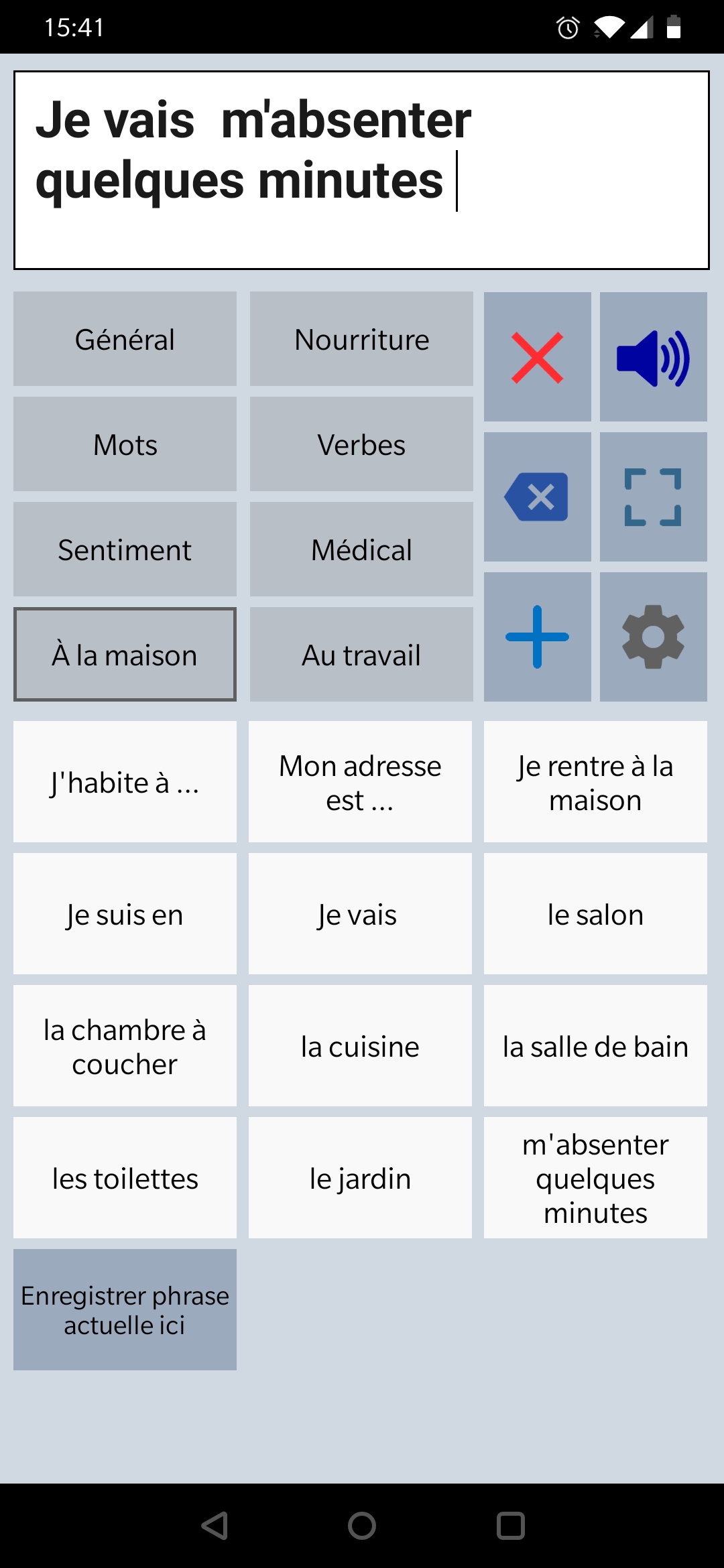 interface d'un smartphone sur laquelle figure l'aide à la communication et à la vocalisation