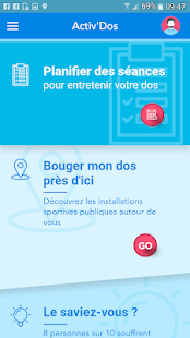 écran de téléphone portable indiquant des fonctionalités d'un programme d'entrainement pour le dos