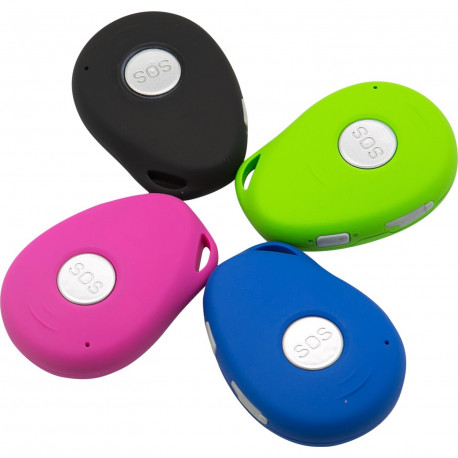 Quatre balises colorées avec chacune un bouton SOS grise au milieu