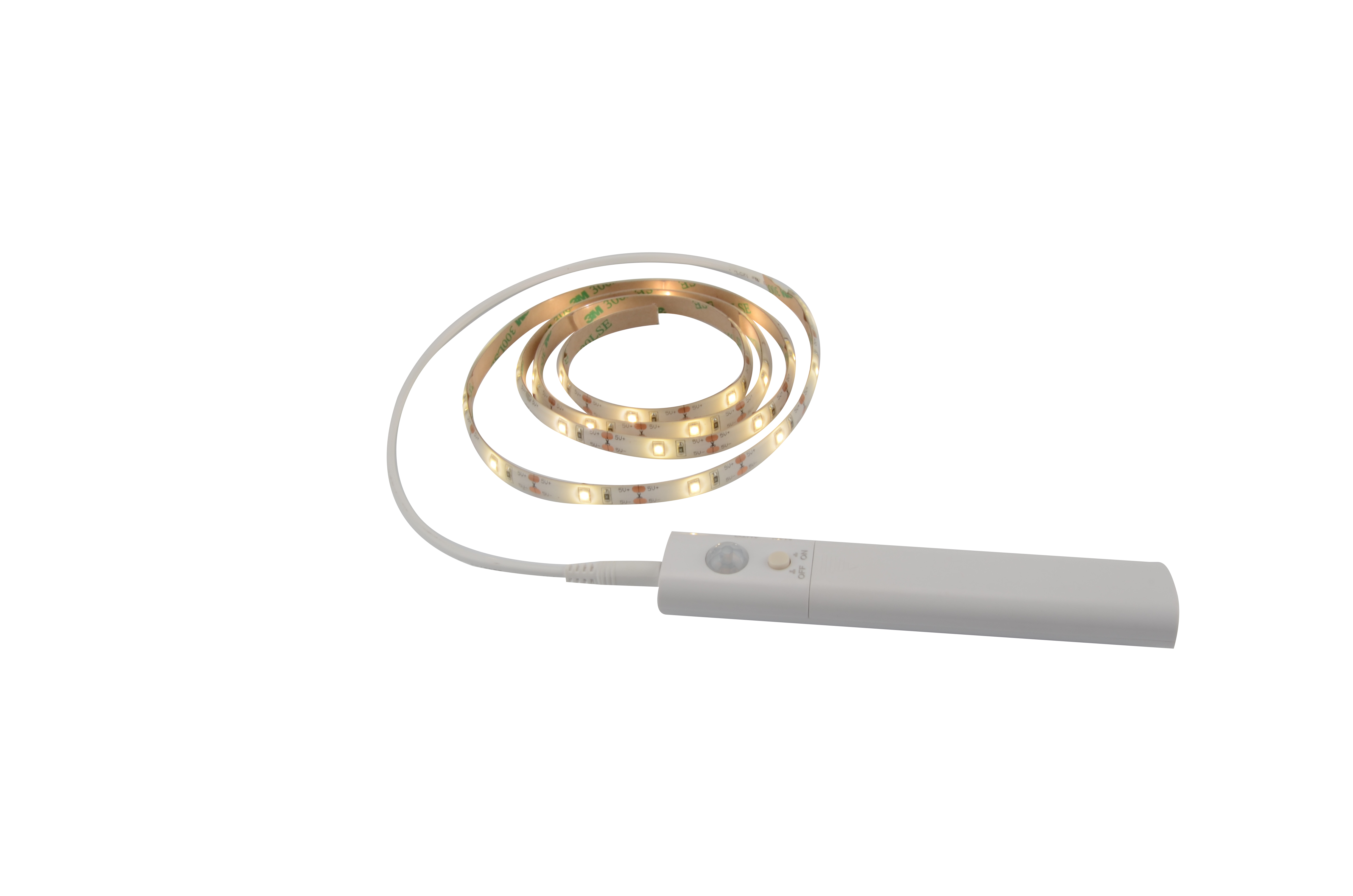 petit boitier équipé d'un détecteur de mouvement et équipé d'un bandeau long de 50 cm avec petits leds