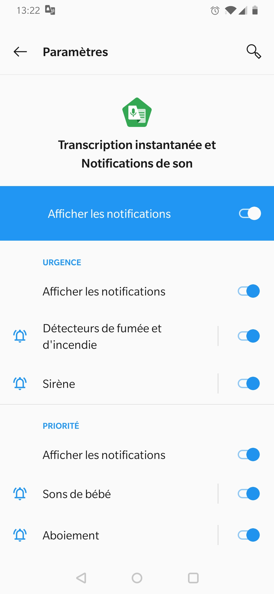 écran de téléphone portable indiquant le paramétrage de la fonctionalité de transcription de voix en texte