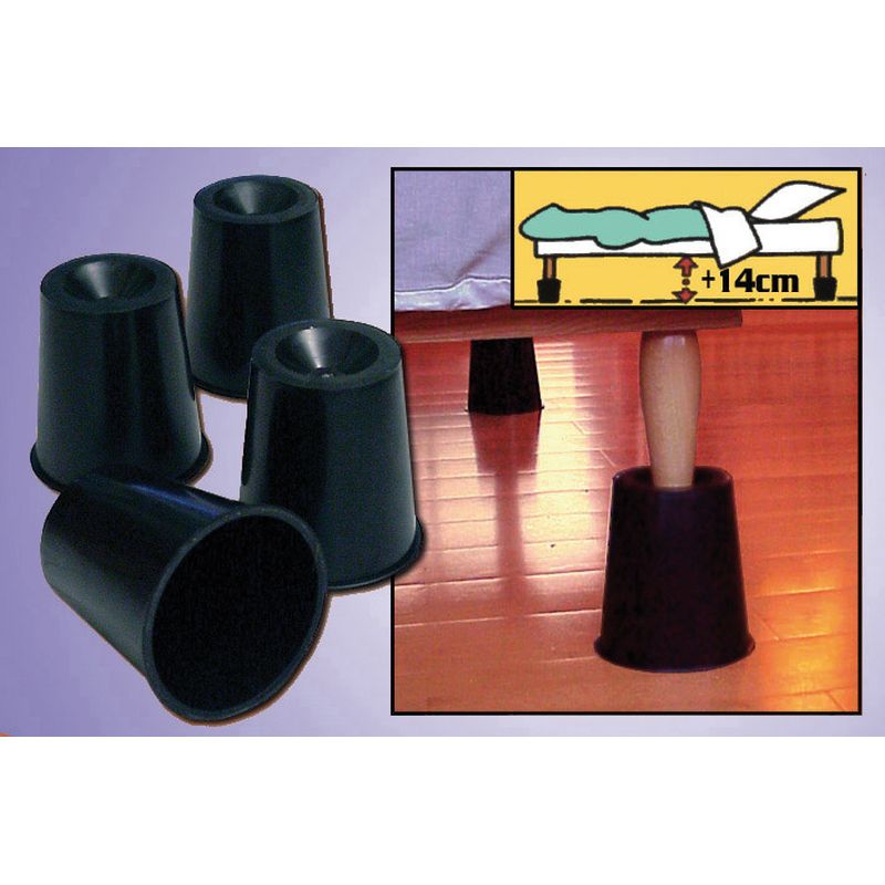 plots surélévateurs noirs fixés sur les pieds d'un lit