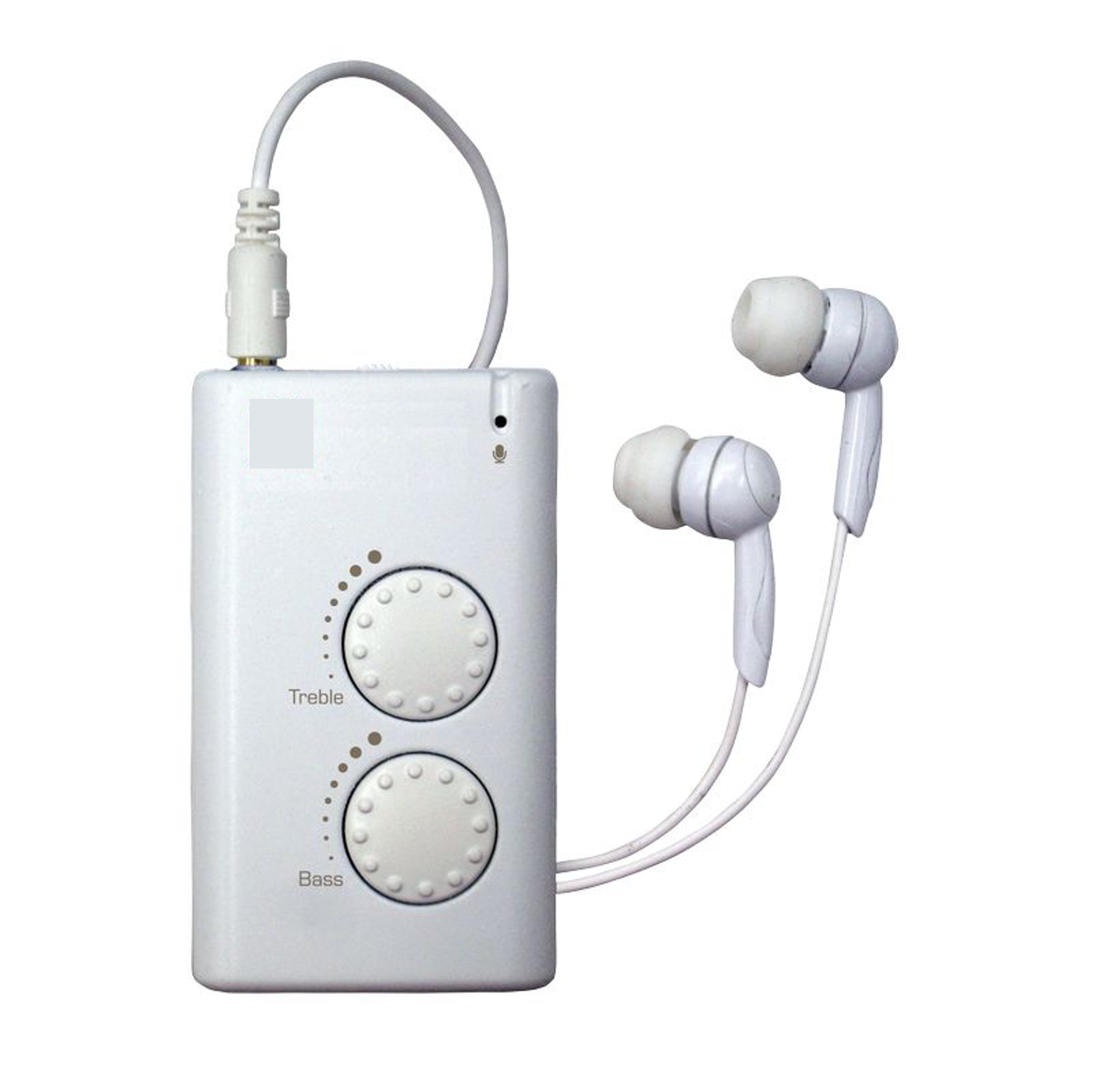 Boitier comportant une prise écouteurs et deux boutons ronds permettant d'ajuster le volume des sons aigus et basses.