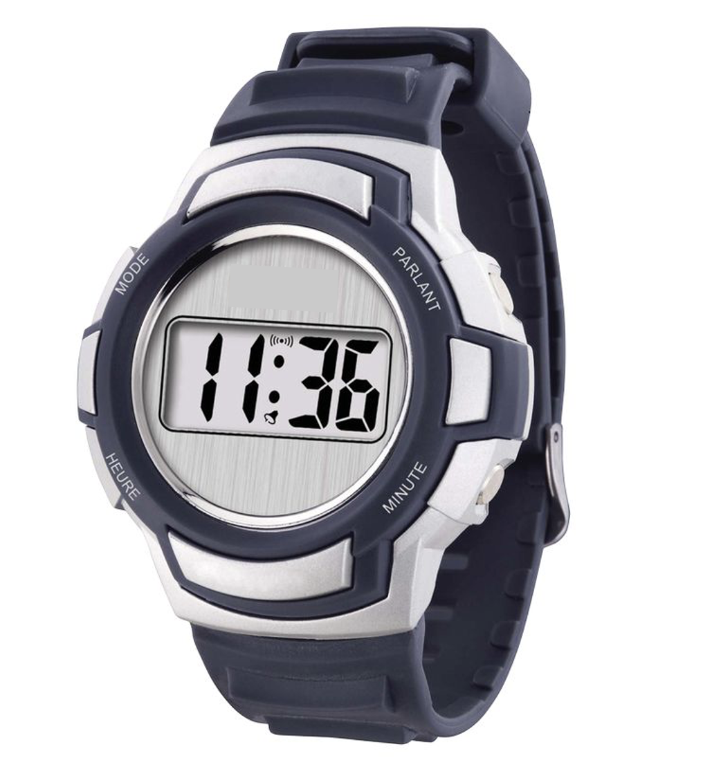 Montre numérique avec bracelet en caoutchouc noir et cadran équipé de boutons fonctions mode parlant, heure, minute