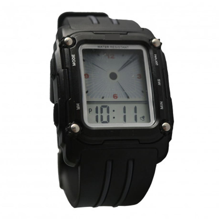 montre à cadran numérique avec chiffres noir sur fond gris. Boutons de fonctions heure, minute, parlant