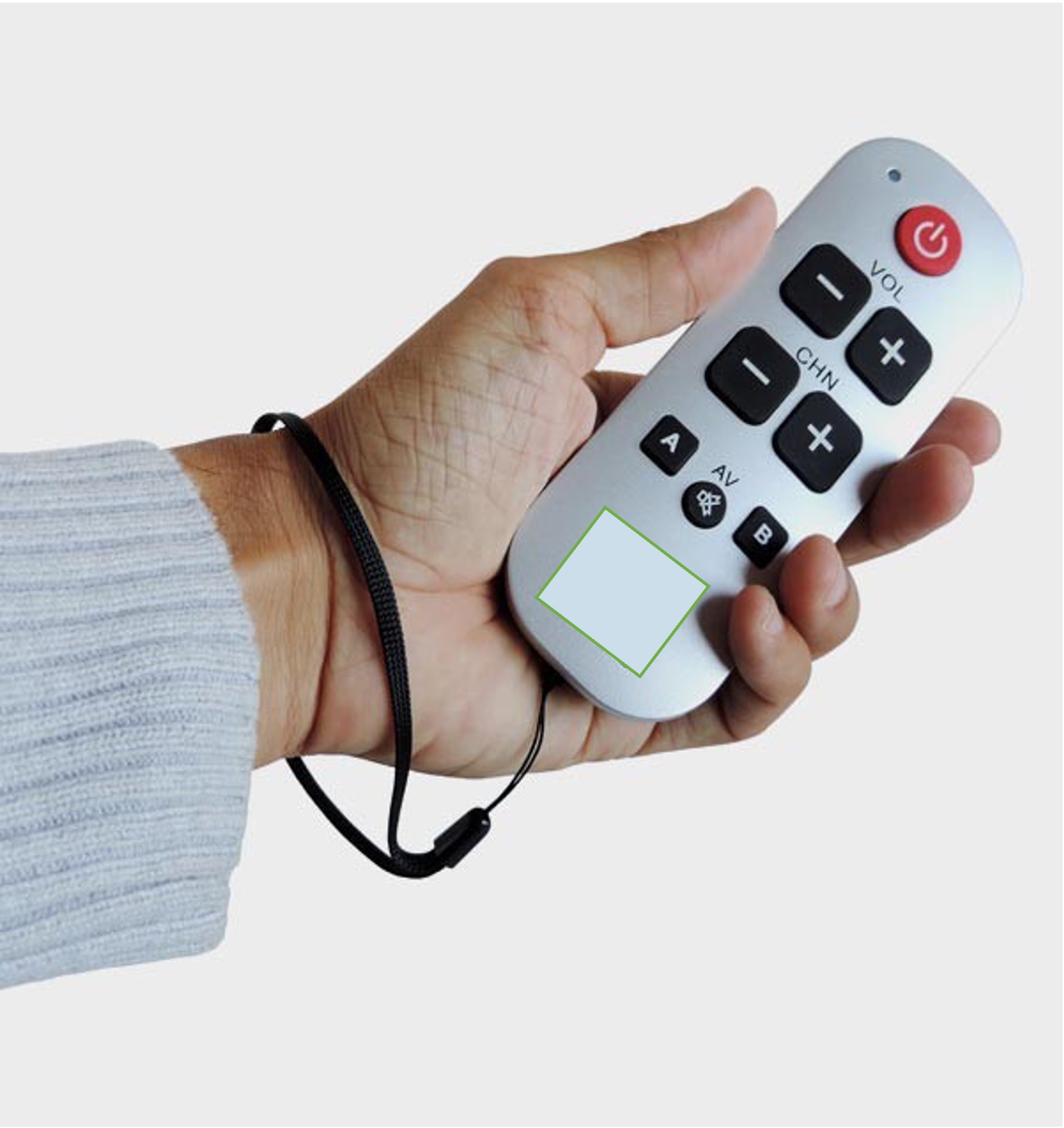 Télécommande avec 8 touches pour allumer et éteindre, régler le son, changer de chaîne.