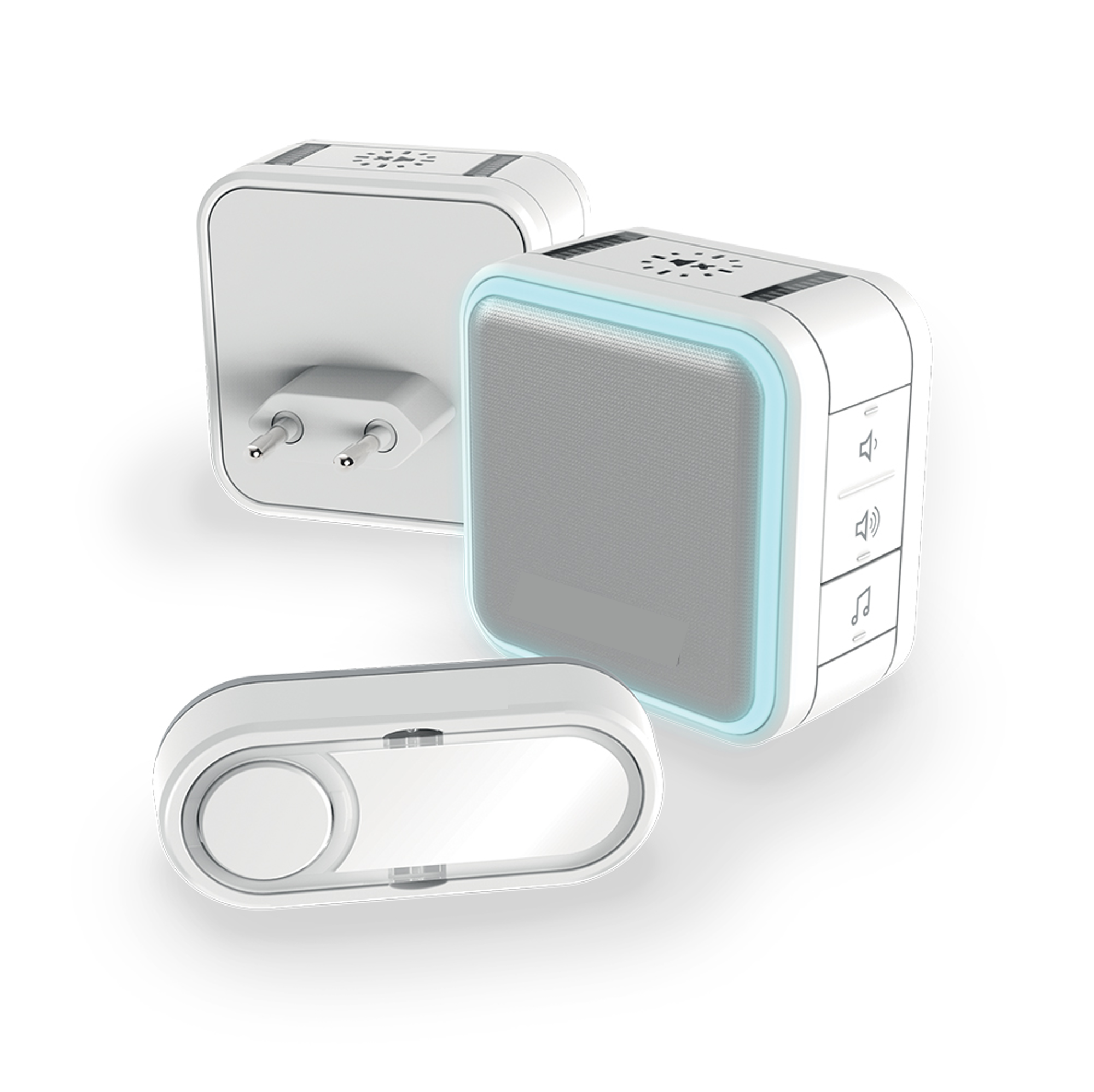 Trois éléments d'un amplificateur flash sonnette ; boitier prise, recepteur sonore et amplificateur