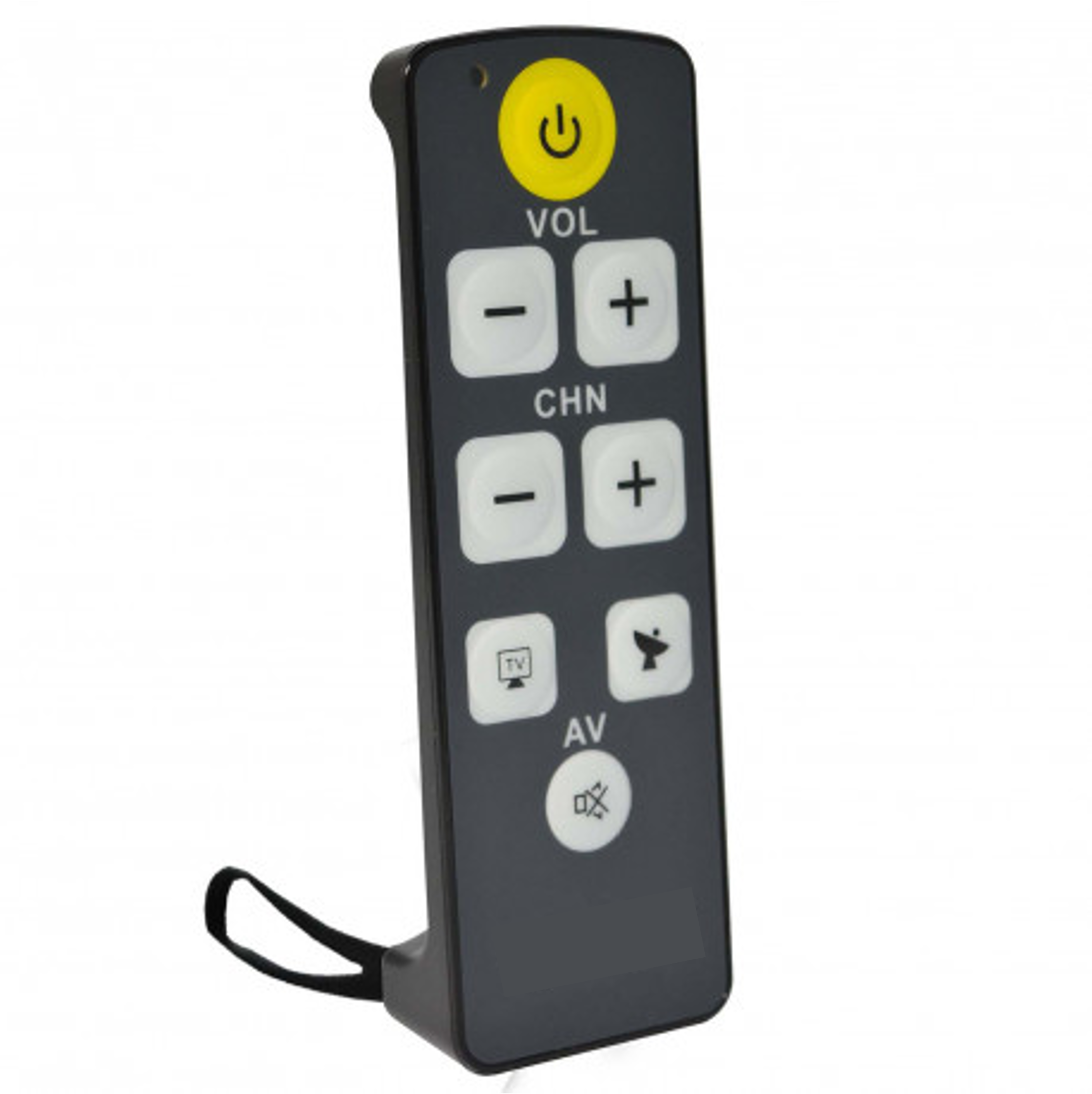 Télécommande avec 8 touches pour allumer et éteindre, régler le son, changer de chaine.