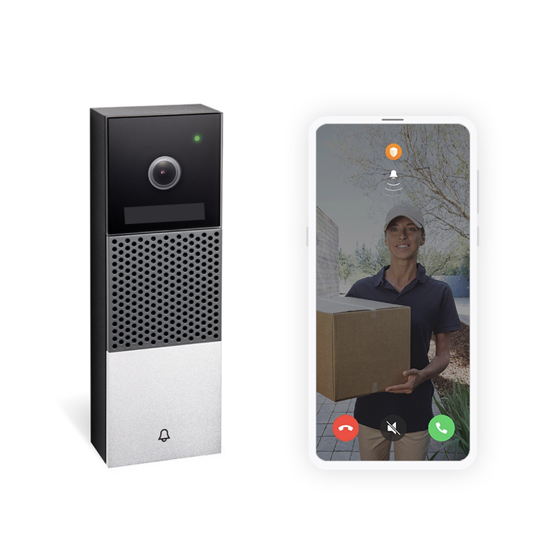 boitier de visiophone et à côté l'écran d'un téléphone montrant l'image captée
