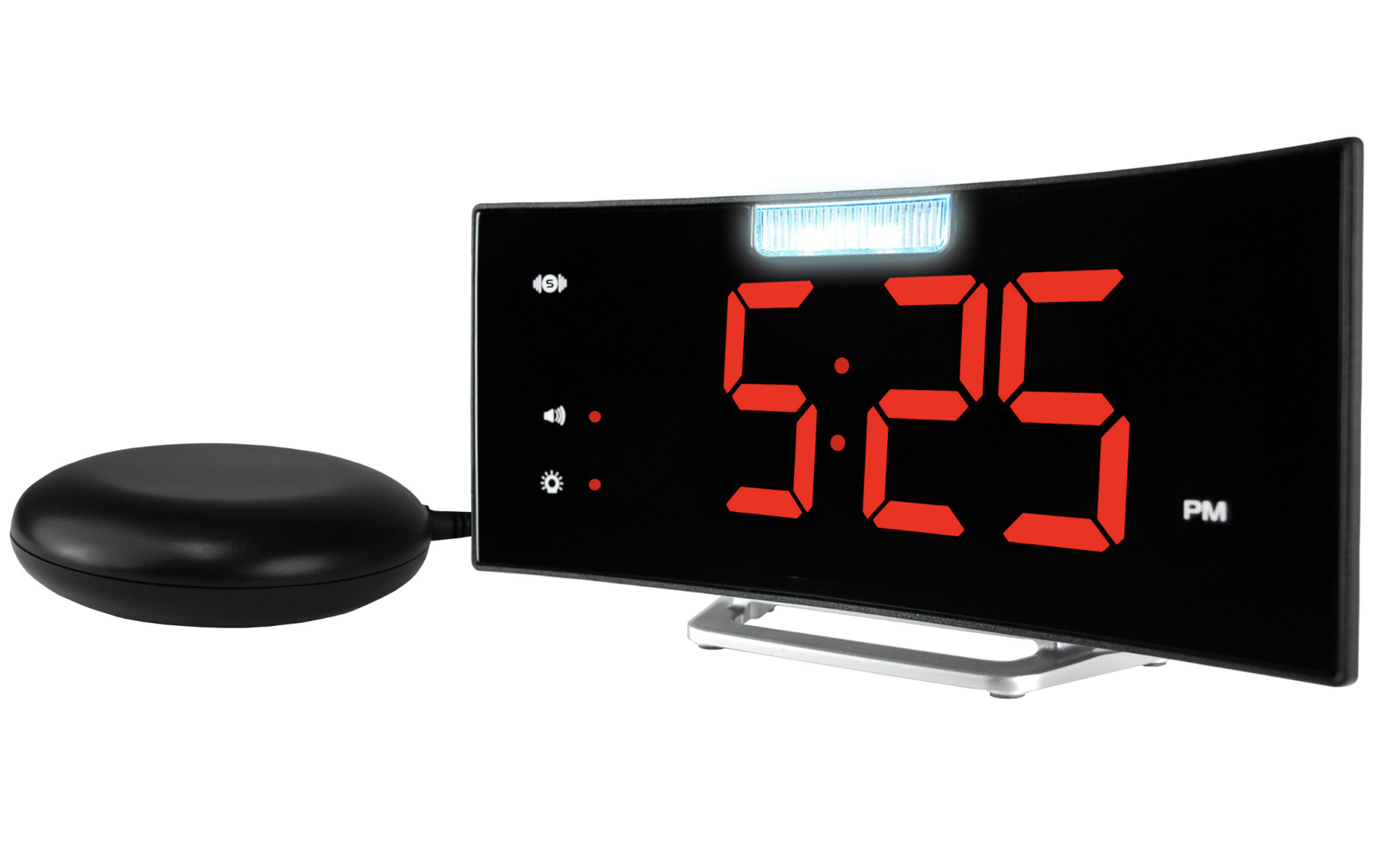 Réveil numérique noir avec chiffres rouge sur fond noir, équipé d'un coussin vibrant en accessoire