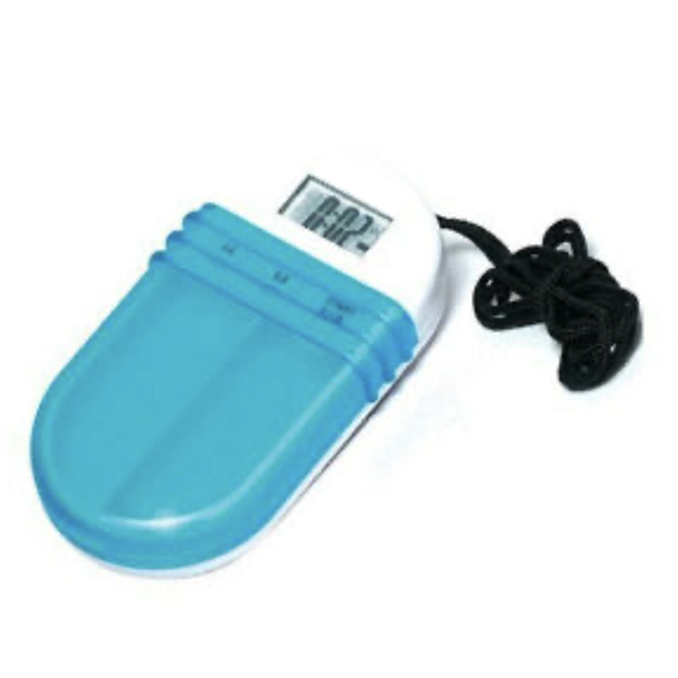 boitier portatif oval à deux cases pour médicaments et équipé d'une dragonne