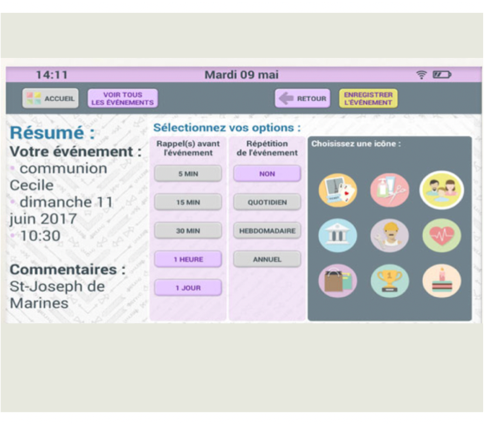écran de tablette simplifiée indiquant le paramétrage de rappels et évènements pour l'agenda partagé