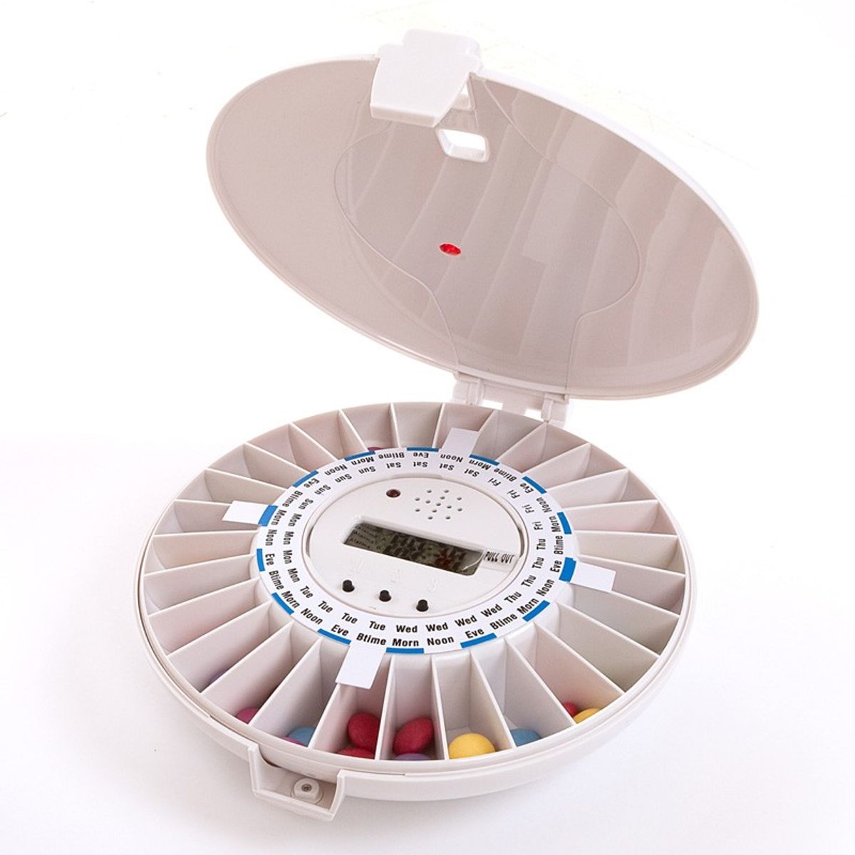 grand boitier rond à 28 cases pour médicaments ouvrant par le dessus