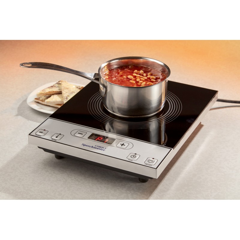 plaque à induction simple foyer sur pieds avec casserole dessus, équipée de 6 boutons à pression et d'un petit écran avec chiffres contrastées