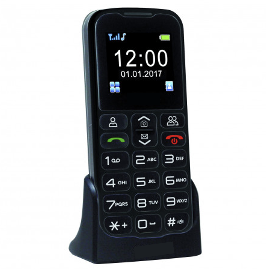 Téléphone portable sur socle de recharge. Écran avec affichage de l'heure et la date. Clavier de téléphone à touches avec chiffres blancs sur fond noir. Touche avec signe verte pour décrocher, touche avec signe rouge pour décrocher. Touches d'accès aux autres fonctionnalités.