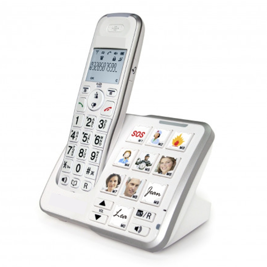 Base avec téléphone sans fil, 10 touches mémoire équipées de photos ou images, et des touches pour les fonctionnalités de volume, haut parleur et accès messagerie