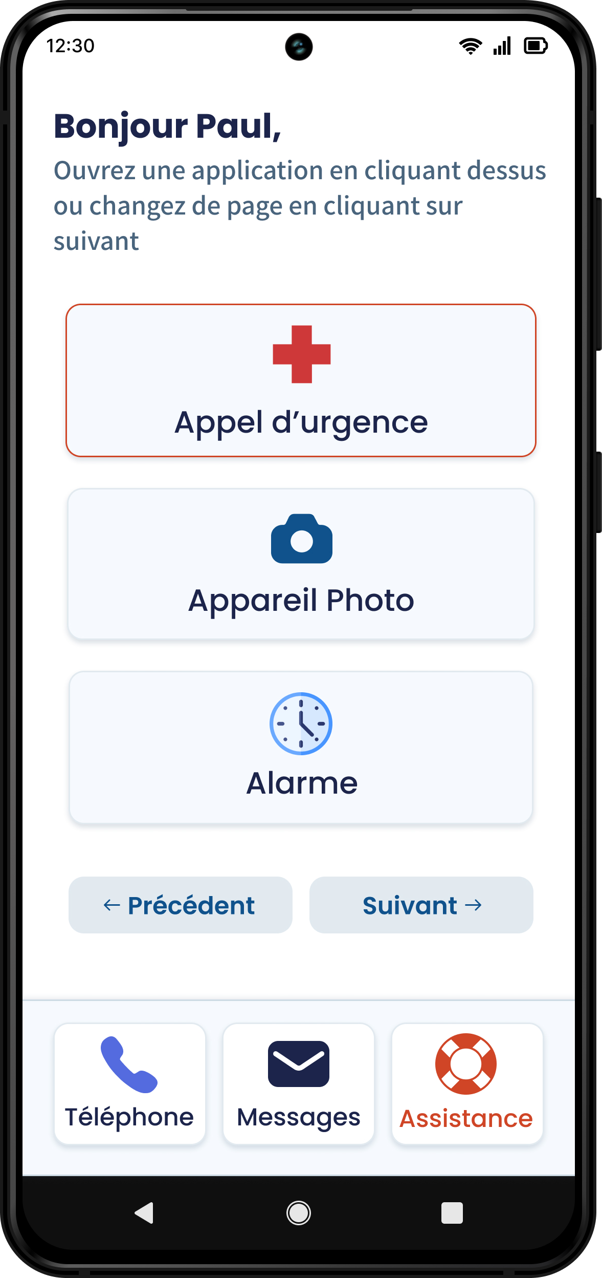 écran simplifié d'un smartphone avec message personnalisé, boutons pour appel d'urgence, appareil photo, alarme et fonctions d'appels, messagerie et assistance
